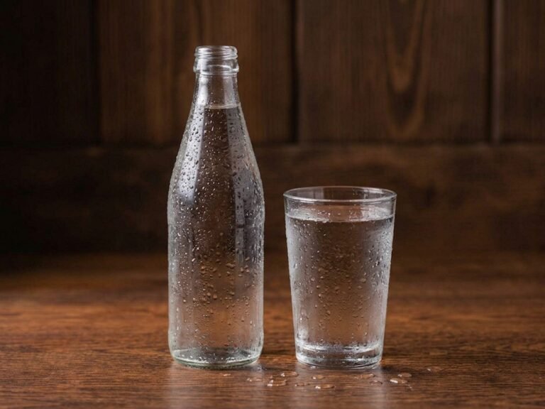 Ketaco 50cl mineral water bottle and cold glass beaded with condensation