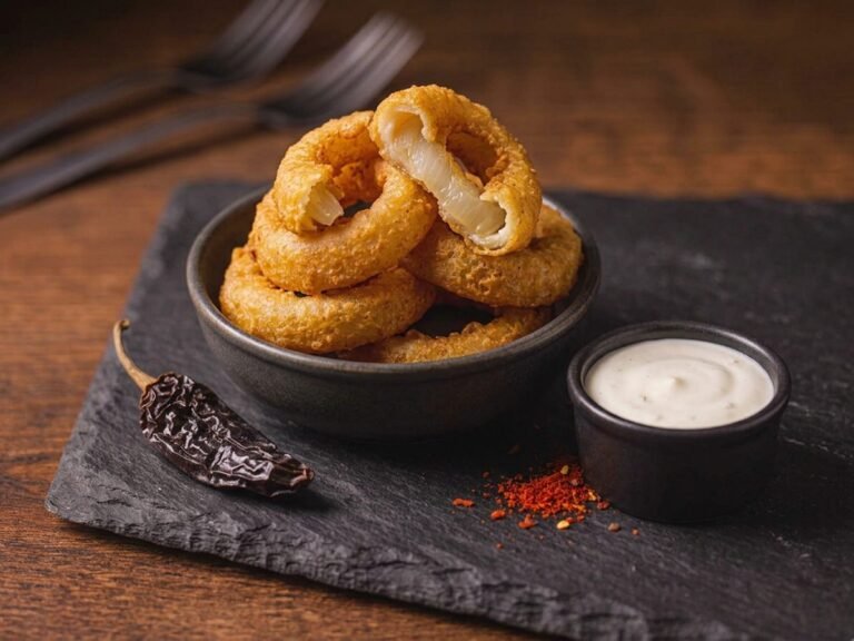 Crispy Ketaco onion rings in a dark bowl with house white sauce