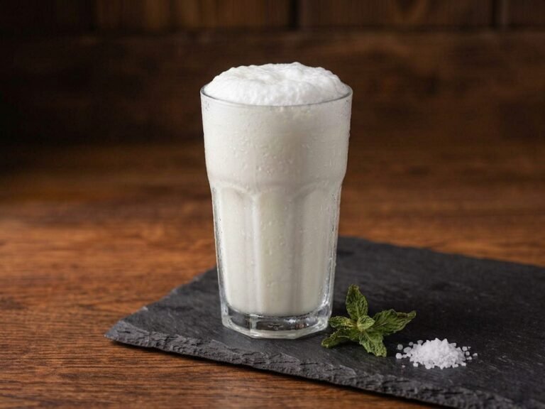 Ketaco Turkish ayran, salted whipped yogurt with foam in a cold glass