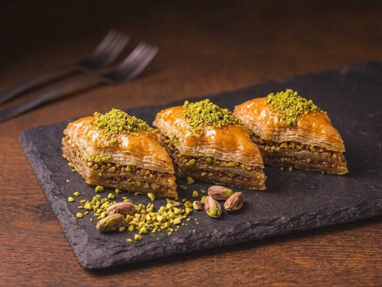 Ketaco baklava pieces with layered filo and ground pistachio