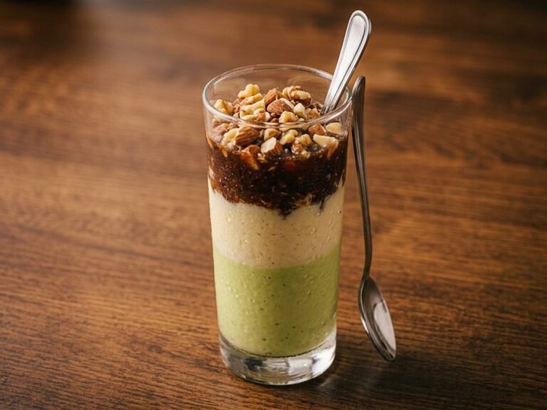 Ketaco layered Zaazaa shake with avocado, banana, date and chopped nuts