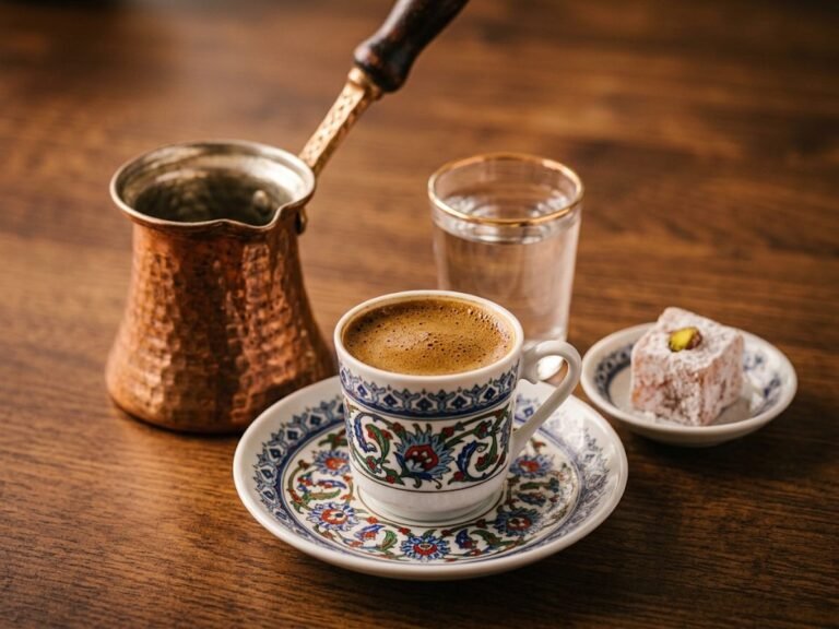 Ketaco Turkish coffee served in a copper cezve with cup and water glass