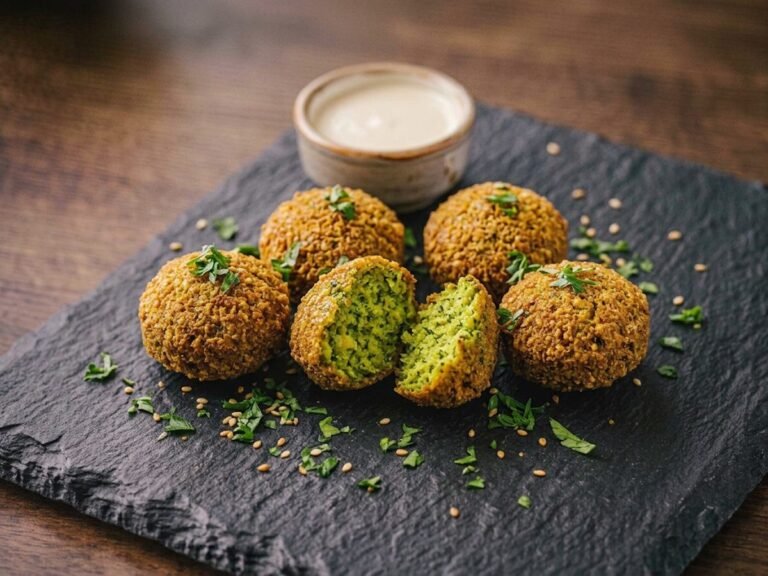 Five golden Ketaco falafel, one broken open, with lemon tahini