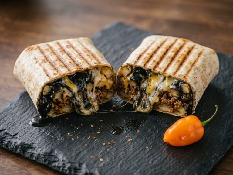 Ketaco Le Noir French taco cut open, with jet-black Fuego Negro sauce and melted cheese