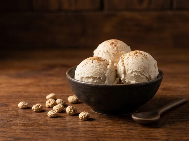 Ketaco tiger nut horchata ice cream, three scoops with cinnamon and tiger nuts