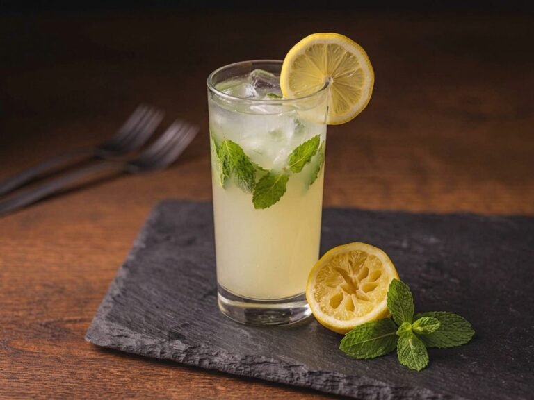 Ketaco homemade lemonade with fresh mint and ice in a tall glass