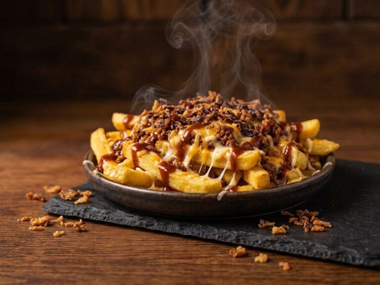 Loaded Brasa fries with melted cheese, spiced meat, crispy onion and Brasa sauce