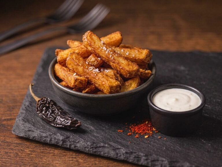 Ketaco thick-cut double-fried chips in a dark bowl with house garlic sauce