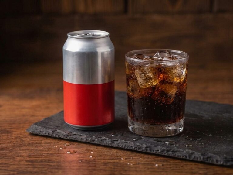 Chilled Ketaco 33cl soft drink can beside a glass of cola over ice