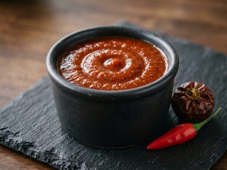 Ketaco Brava Roja sauce with roasted tomato and nora pepper on dark slate