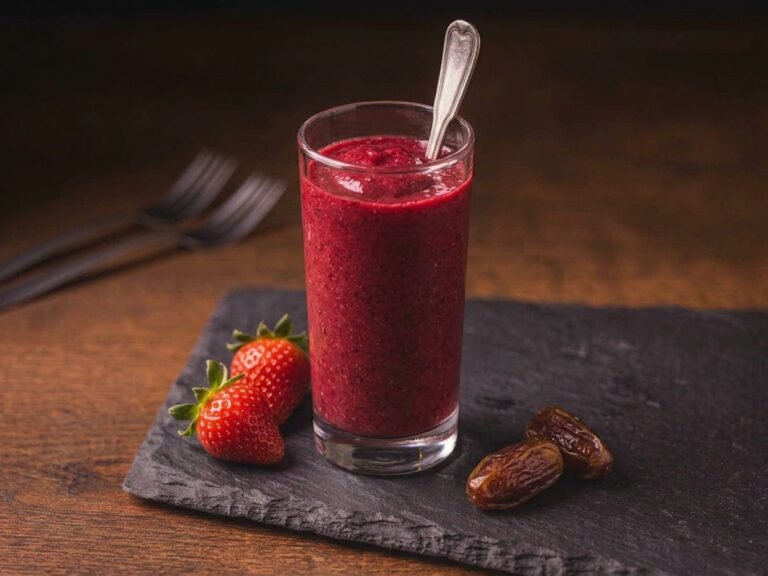 Ketaco thick red smoothie with strawberry, banana and date